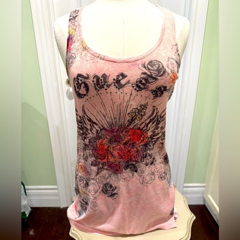 Guess Womens Size Large Racerback Long Graphic Tank Top wRoses Rhinestones